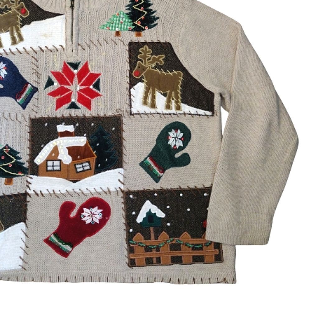 VTG 90s Beige Ugly Christmas Embroidered Quarter Zip Sweater 2X - Picture 5 of 15